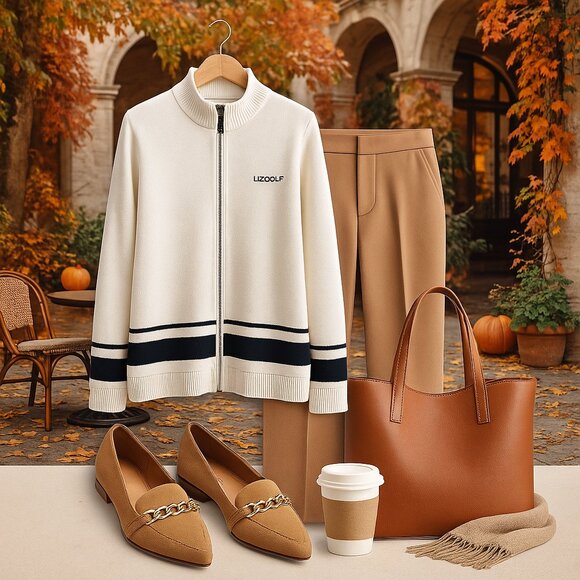 LizGolf by Liz Claiborne Ivory Zip-Up Sweater (M) — Classic Fall Style - Picture 3 of 11